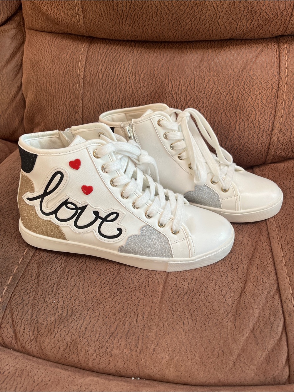 Aldo White High-Top Sneakers with Love Script and Red Heart Accents